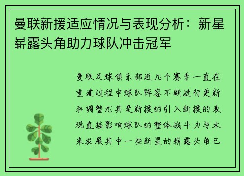 曼联新援适应情况与表现分析：新星崭露头角助力球队冲击冠军